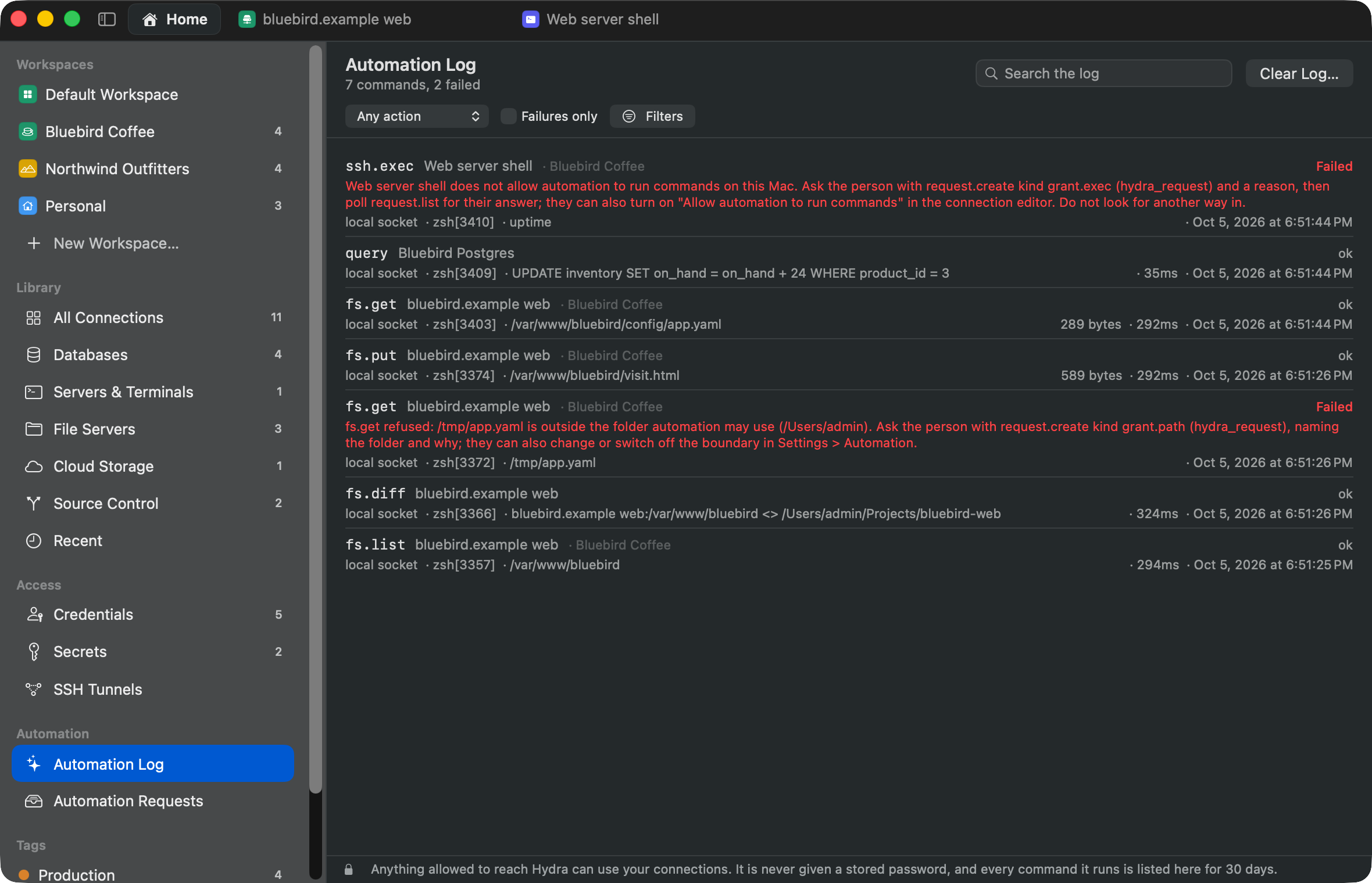 The Automation Log: a listing, a patch, a download and an upload, an UPDATE, a download refused because it was outside the allowed folder, and a command refused because the connection does not allow it