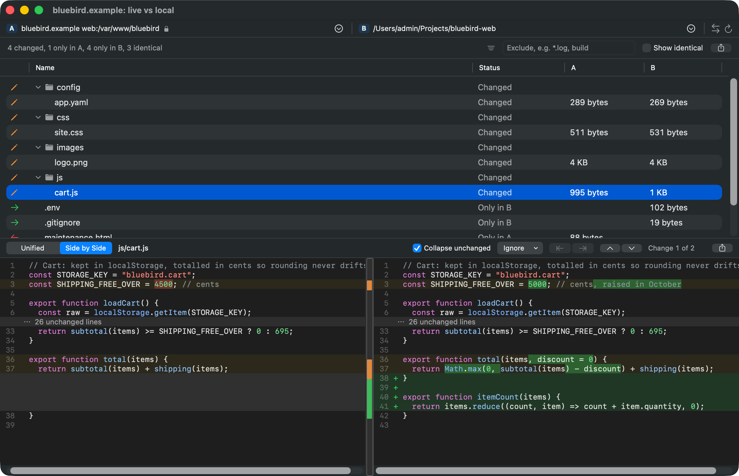cart.js on the server against the local copy: a changed shipping threshold and a new function, side by side with changed words highlighted