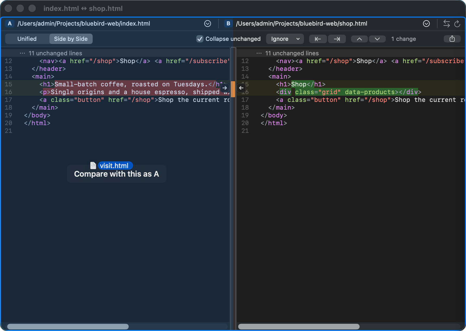 A file dragged from Finder over the left half of a Compare window, which says Compare with this as A
