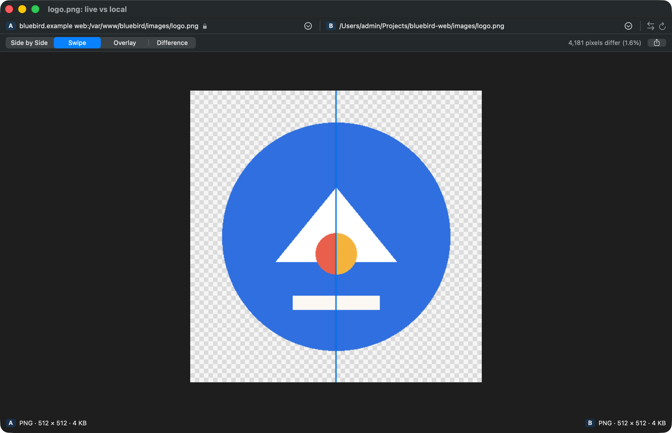 Two versions of a logo compared with a swipe: the server's version left of the line, the local version right of it