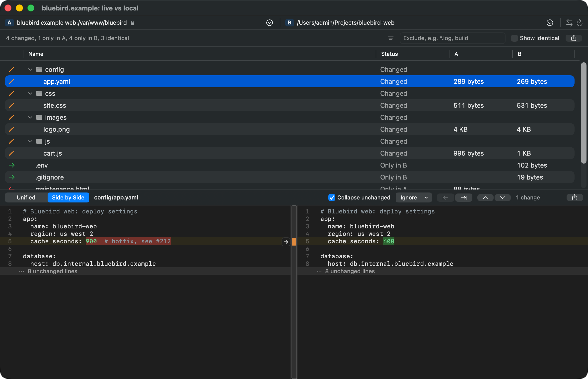 A Compare window: the live web server against the local project, with config/app.yaml selected and its one changed line side by side