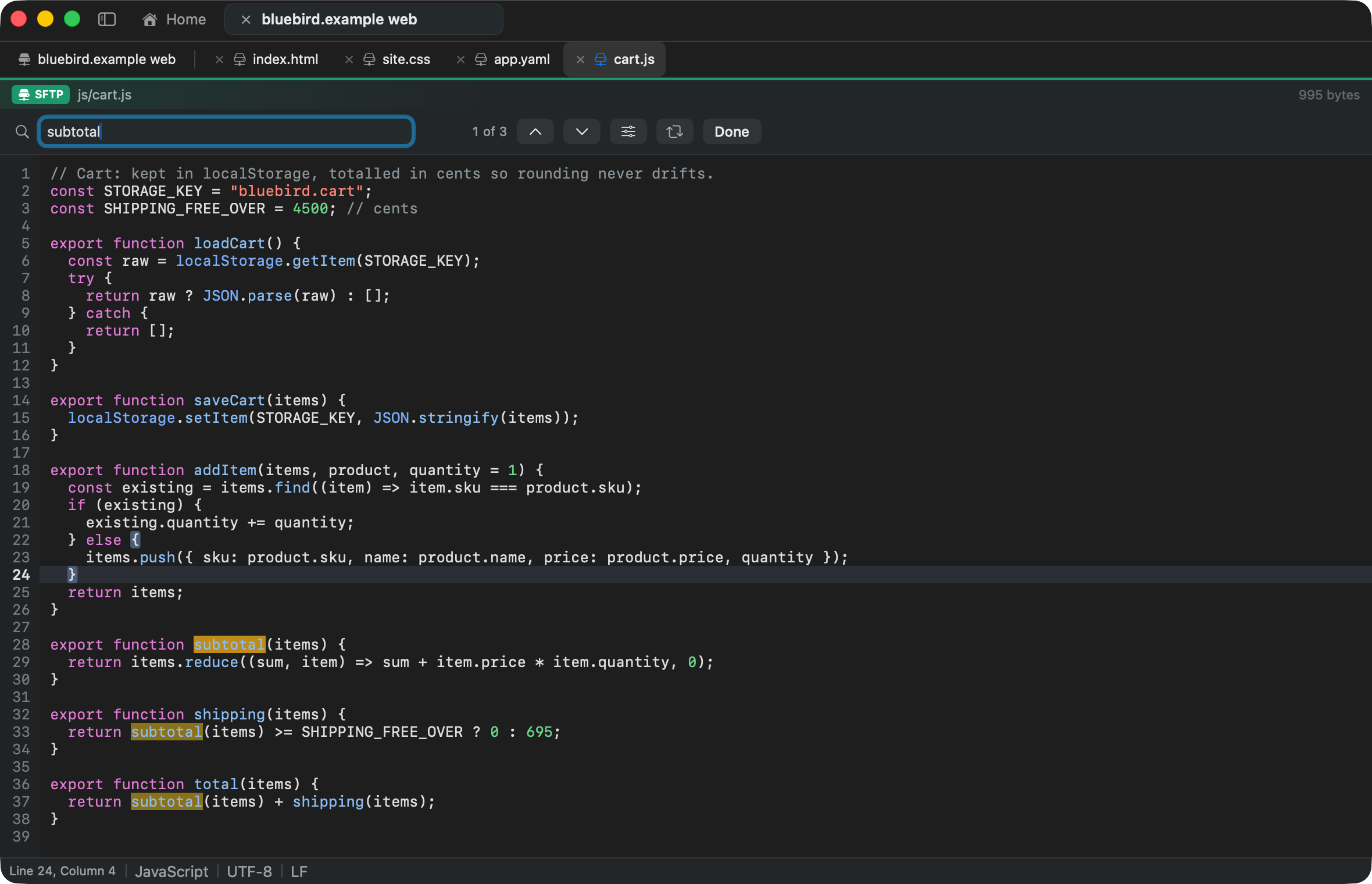 Find in the editor: three matches for subtotal highlighted in cart.js
