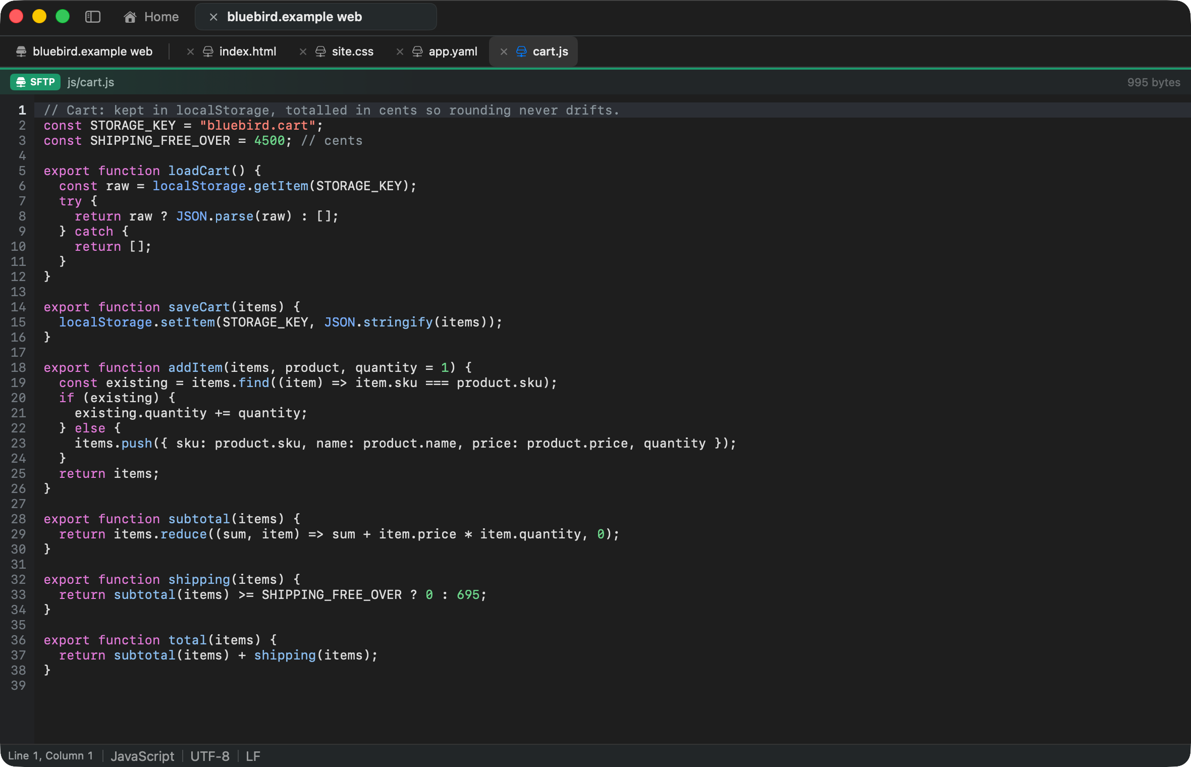 The editor with cart.js open over SFTP, syntax highlighted, and four documents from the same server in the tab strip