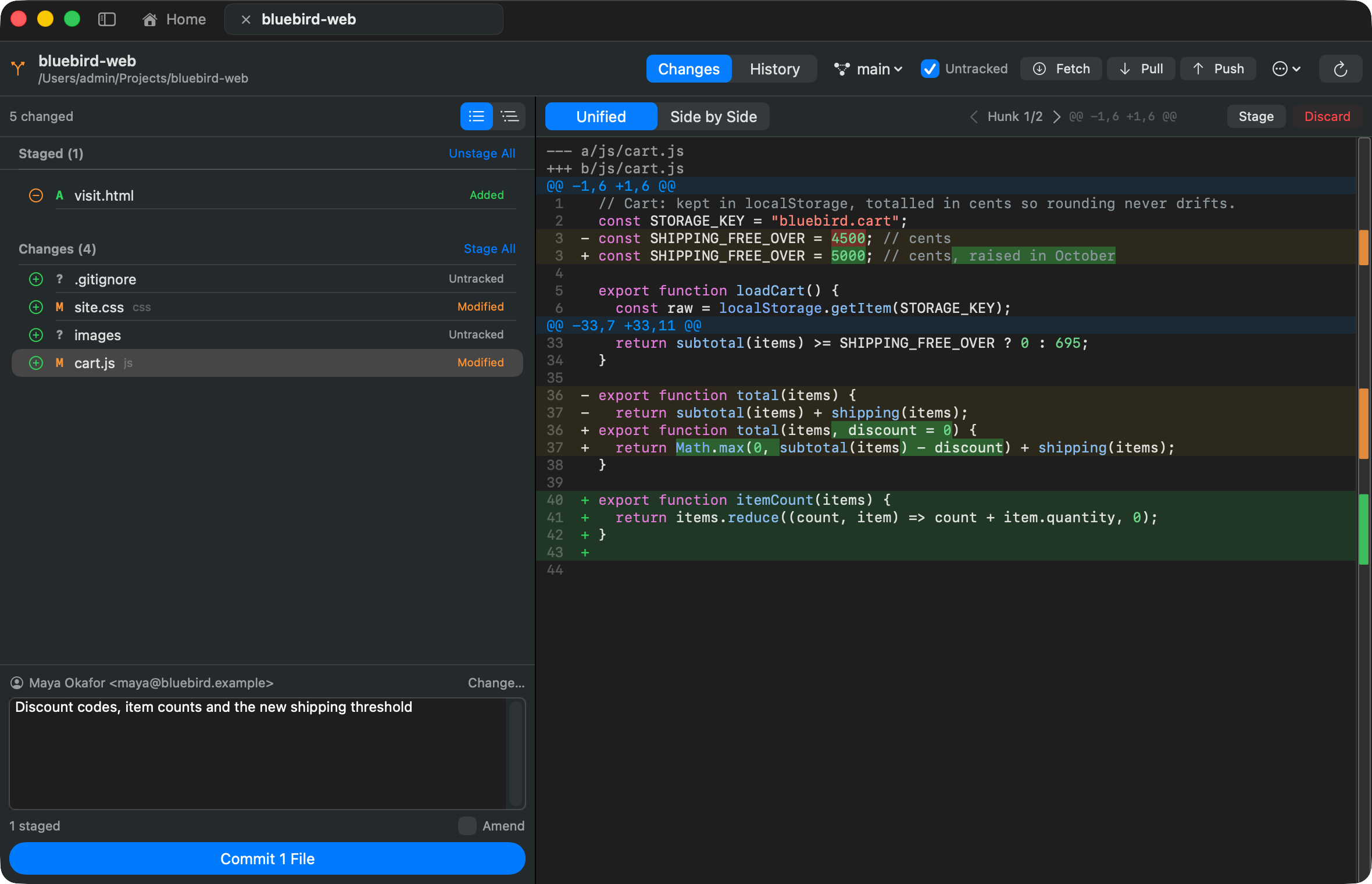 The source control tab: one staged file, four changes, and the diff for cart.js showing hunk 1 of 2 with Stage and Discard