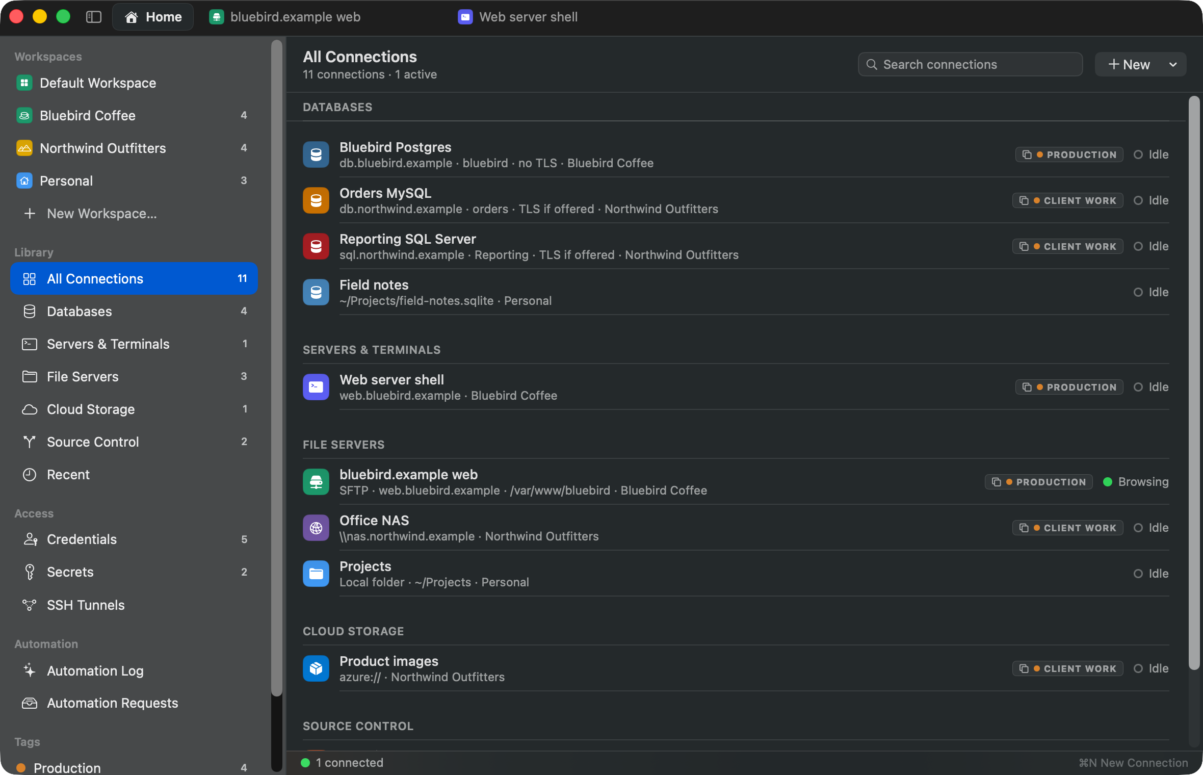 All Connections: databases, servers, file servers and cloud storage from three workspaces, each row showing its host, workspace and tag