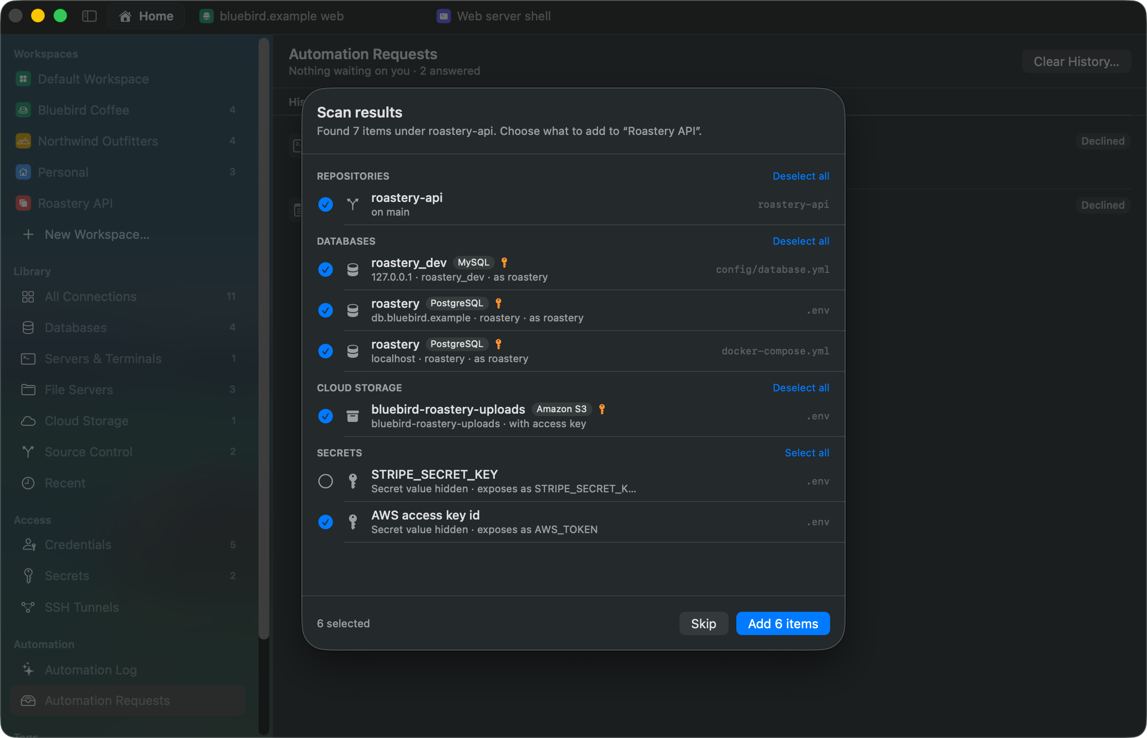 Scan results for a project folder: its Git repository, three databases found in config/database.yml, .env and docker-compose.yml, an S3 bucket, and two secrets, one left unticked as a placeholder