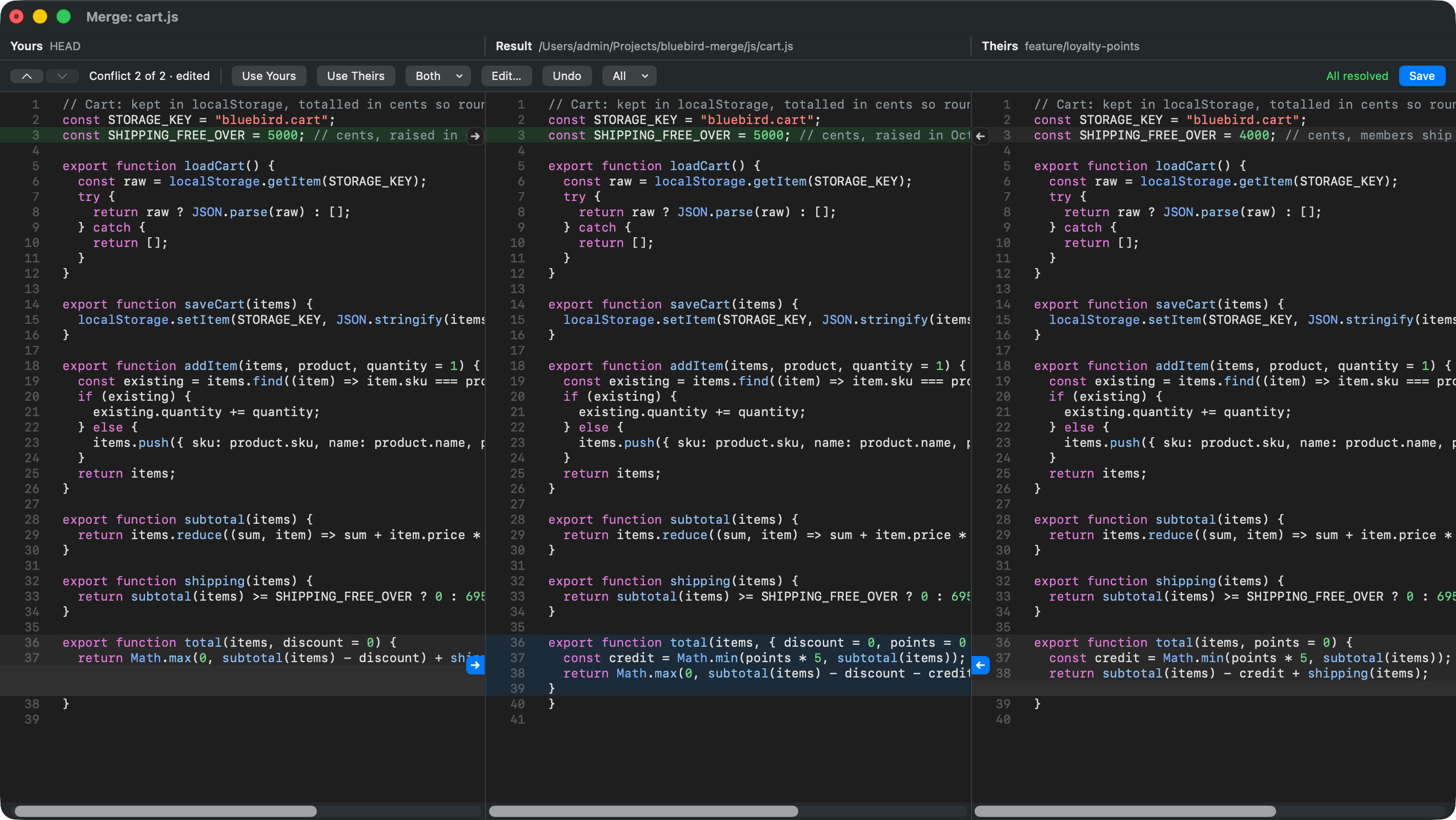 The merge with every conflict answered: one taken from Yours in green, one typed by hand in blue, and Save enabled