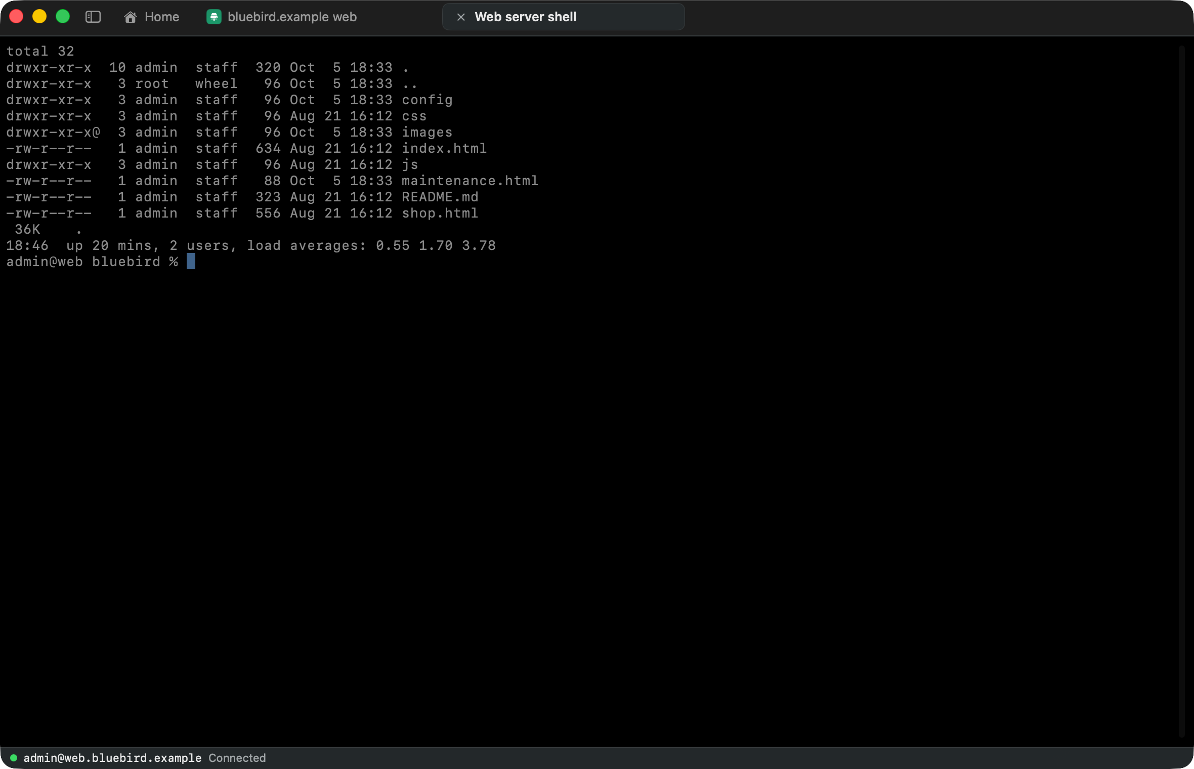 An SSH terminal tab: a directory listing of the web root and uptime, signed in as admin on the web server